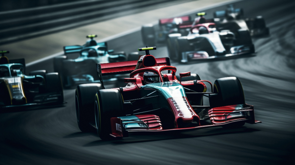 Formula 1 yarış pistinde hızla ilerleyen F1 aracı